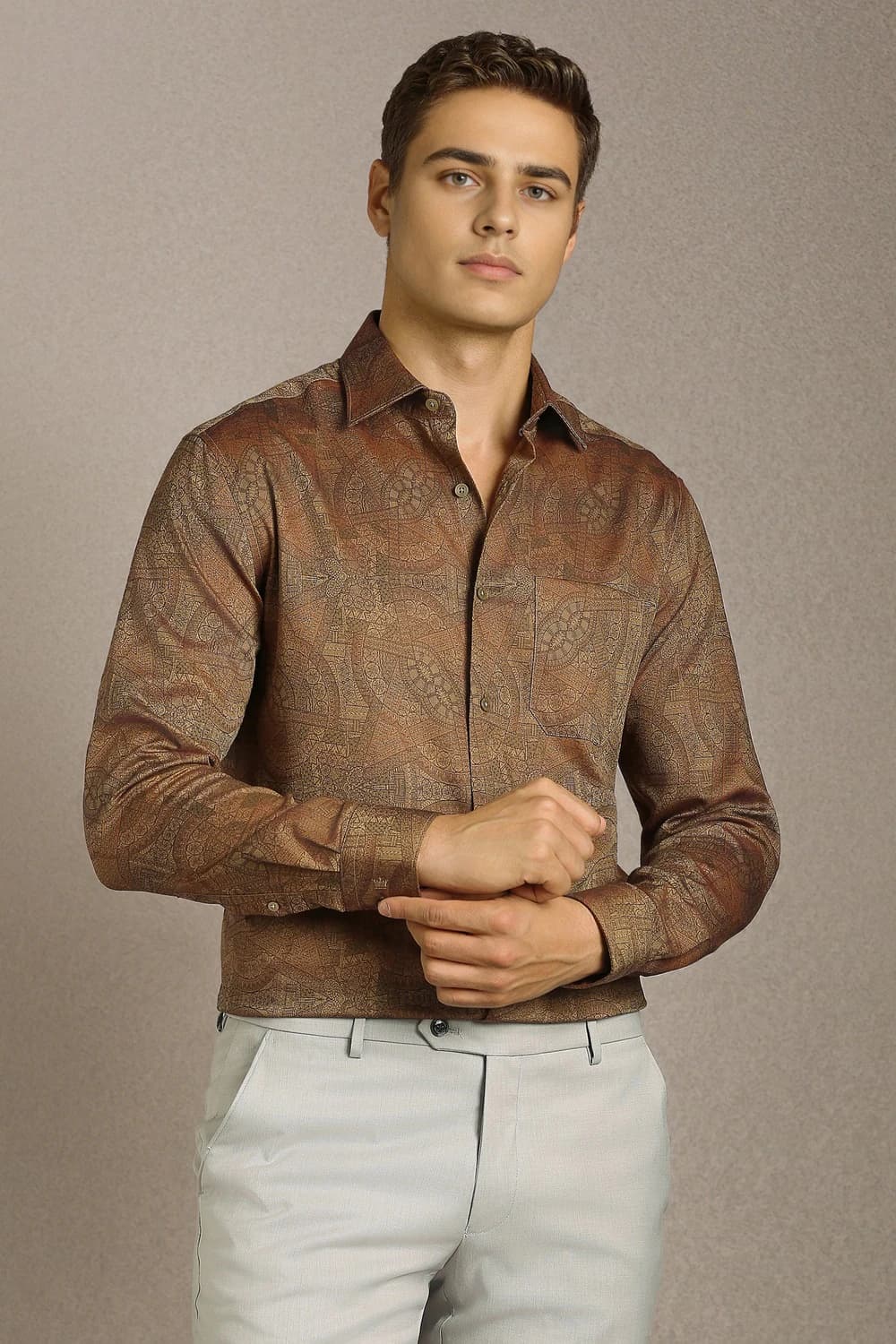 Men Brown Classic Fit Print Full Sleeves Formal Shirt | Louisphilippe Men Brown Classic Fit Print Full Sleeves Formal Shirt | Louisphilippe