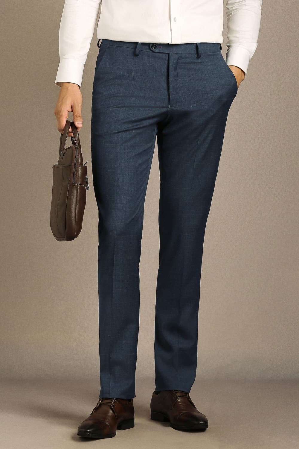 Men Navy Slim Fit Solid Flat Front Formal Trousers | Louisphilippe Men Navy Slim Fit Solid Flat Front Formal Trousers | Louisphilippe
