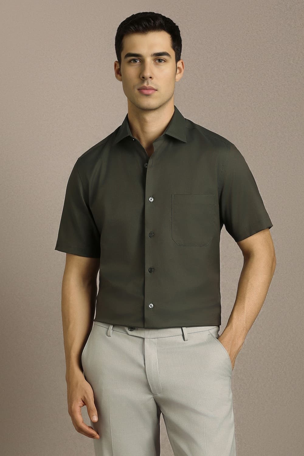 Men Olive Classic Fit Solid Half Sleeves Formal Shirt | Louisphilippe Men Olive Classic Fit Solid Half Sleeves Formal Shirt | Louisphilippe