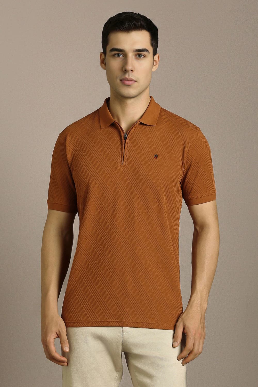 Men Brown Textured Polo Neck T-shirt | Louisphilippe Men Brown Textured Polo Neck T-shirt | Louisphilippe