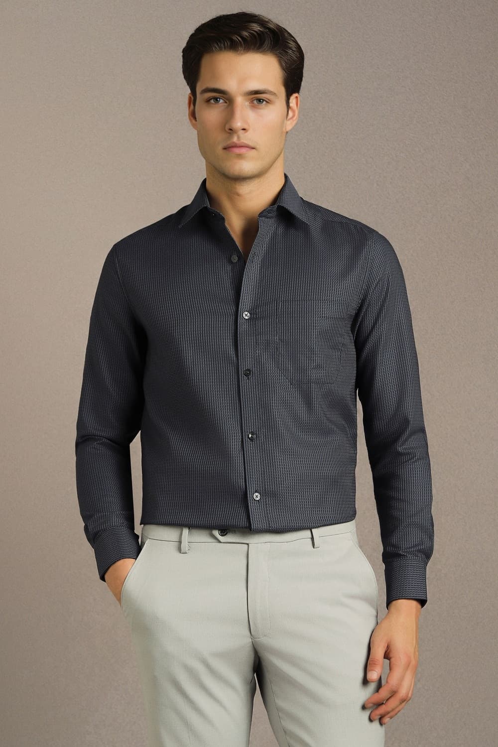 Men Grey Classic Fit Textured Full Sleeves Formal Shirt | Louisphilippe Men Grey Classic Fit Textured Full Sleeves Formal Shirt | Louisphilippe
