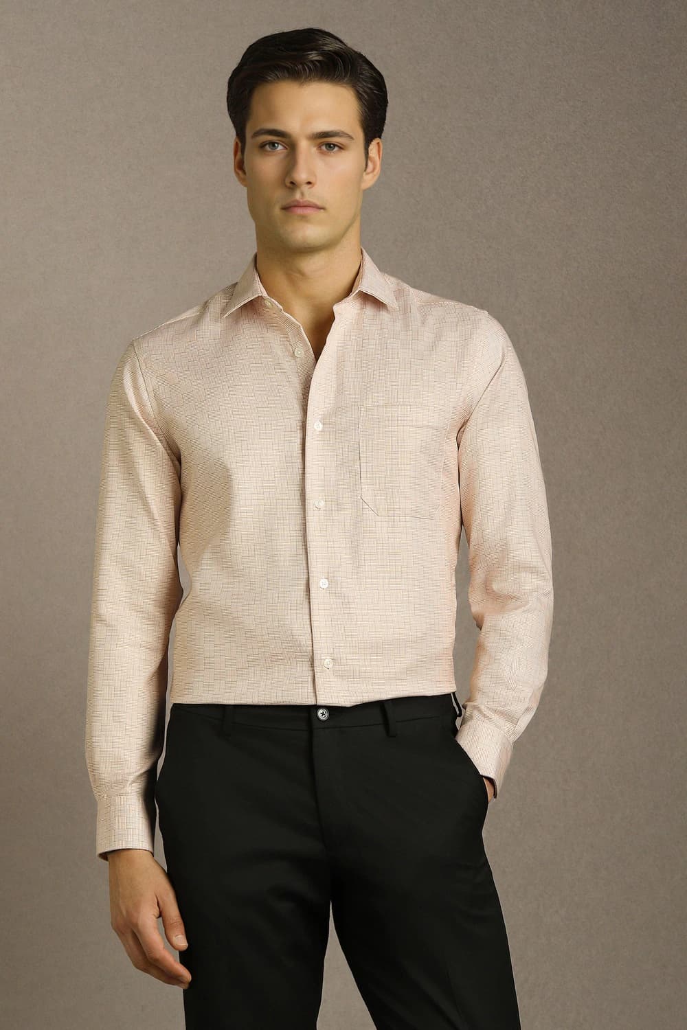 Men Beige Classic Fit Check Full Sleeves Formal Shirt | Louisphilippe Men Beige Classic Fit Check Full Sleeves Formal Shirt | Louisphilippe
