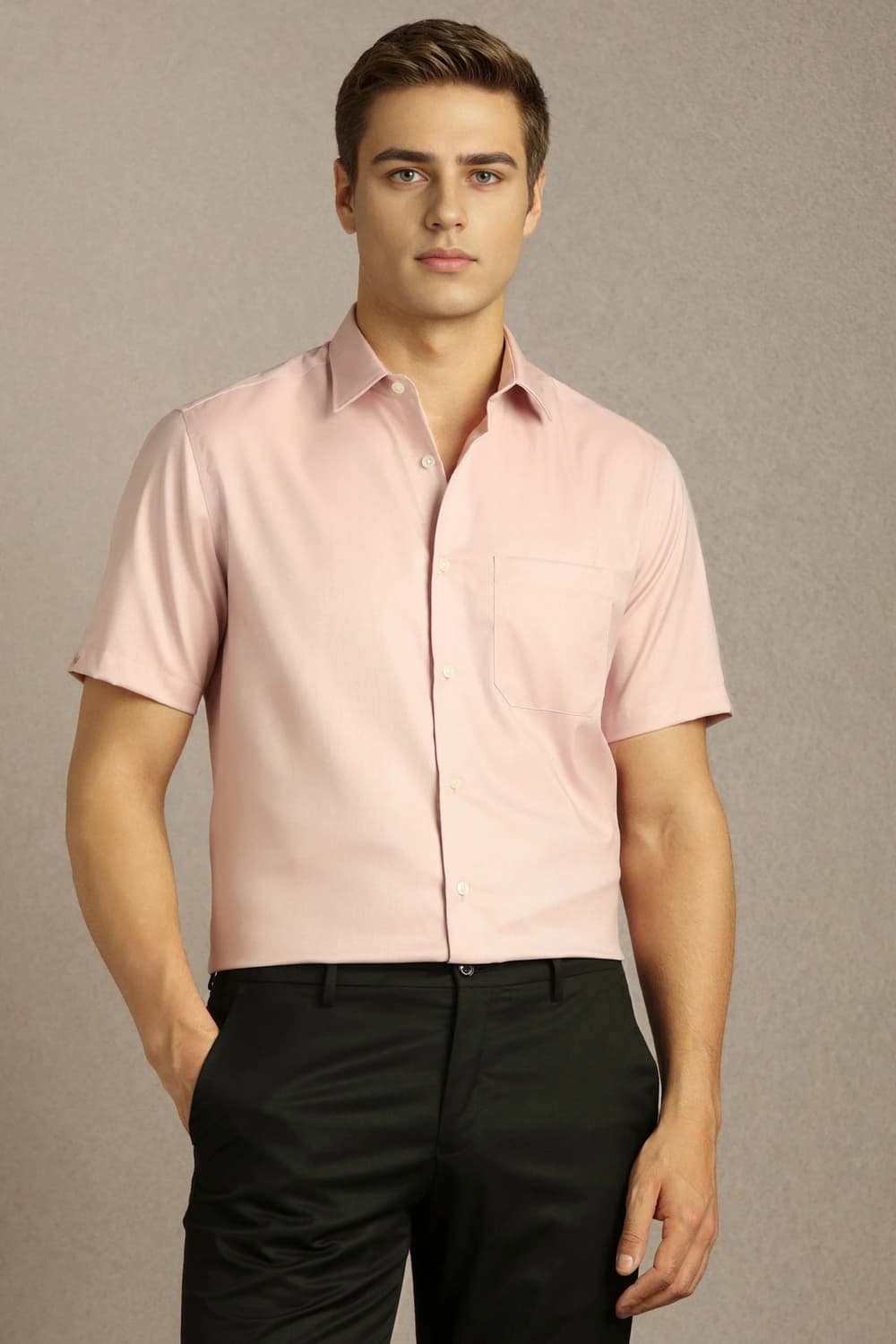 Men Peach Classic Fit Solid Half Sleeves Formal Shirt | Louisphilippe Men Peach Classic Fit Solid Half Sleeves Formal Shirt | Louisphilippe