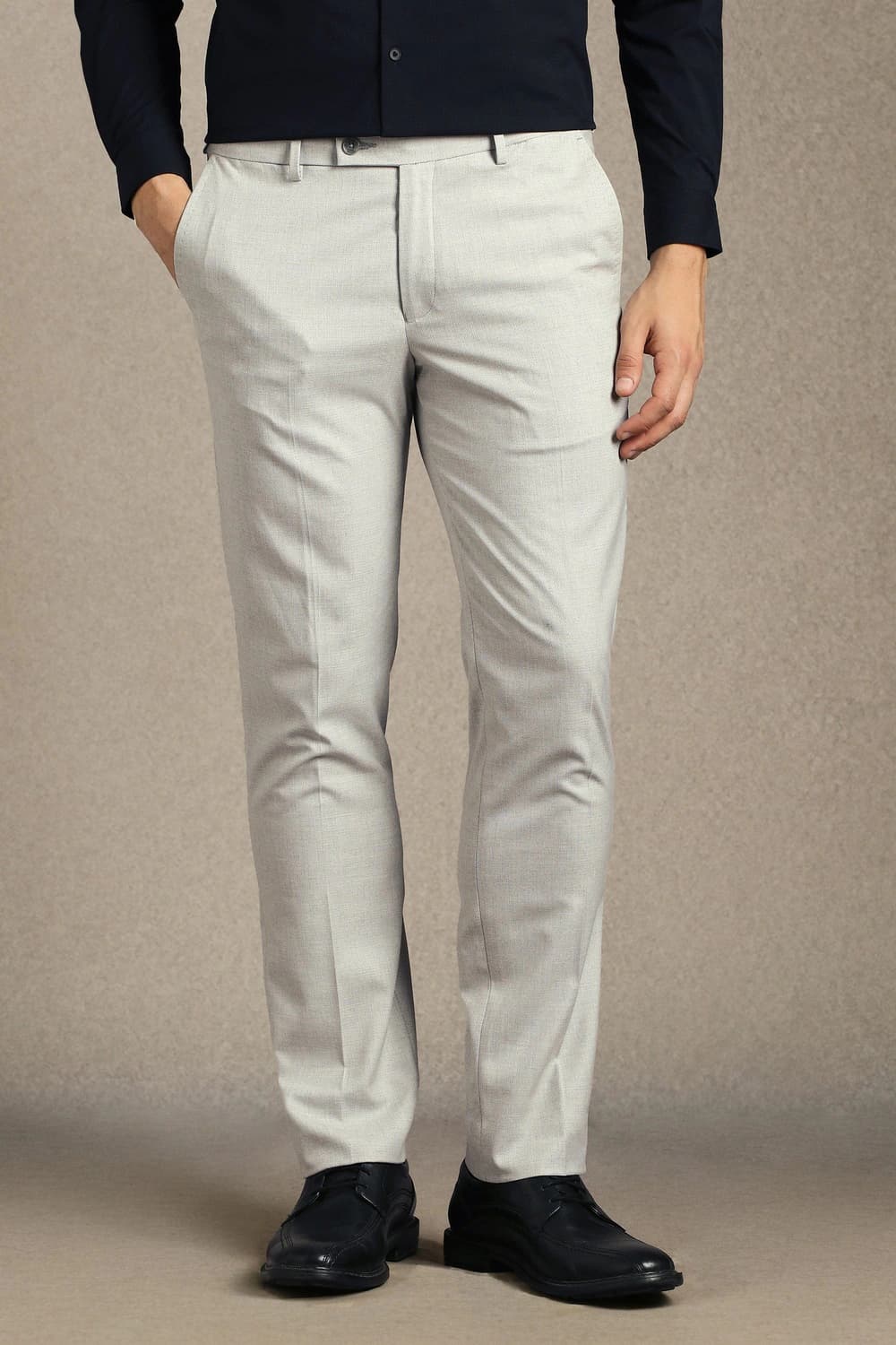 Men Grey Slim Fit Textured Flat Front Formal Trousers | Louisphilippe Men Grey Slim Fit Textured Flat Front Formal Trousers | Louisphilippe