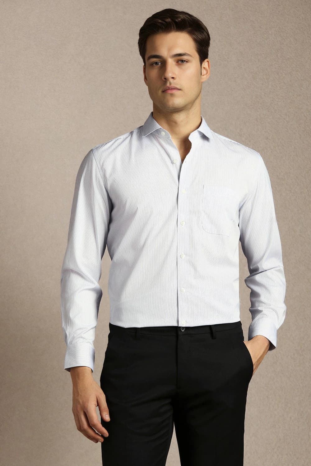 Men White Classic Fit Stripe Full Sleeves Formal Shirt | Louisphilippe Men White Classic Fit Stripe Full Sleeves Formal Shirt | Louisphilippe