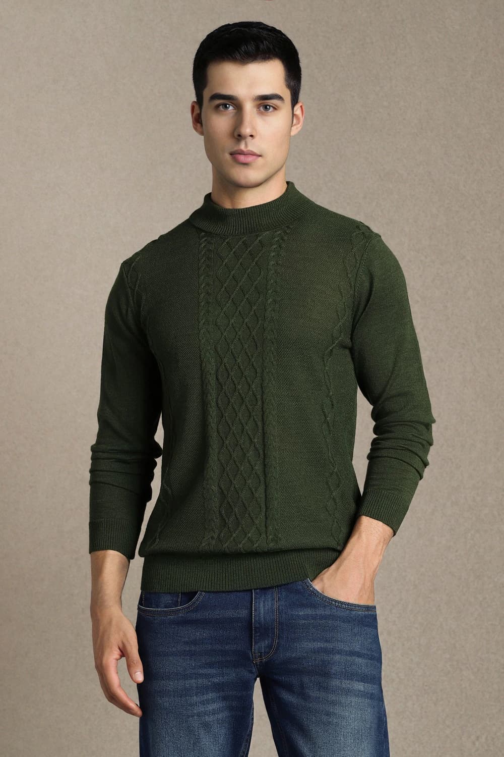 Men Green Textured Turtle Neck Full Sleeves Sweater | Louisphilippe Men Green Textured Turtle Neck Full Sleeves Sweater | Louisphilippe