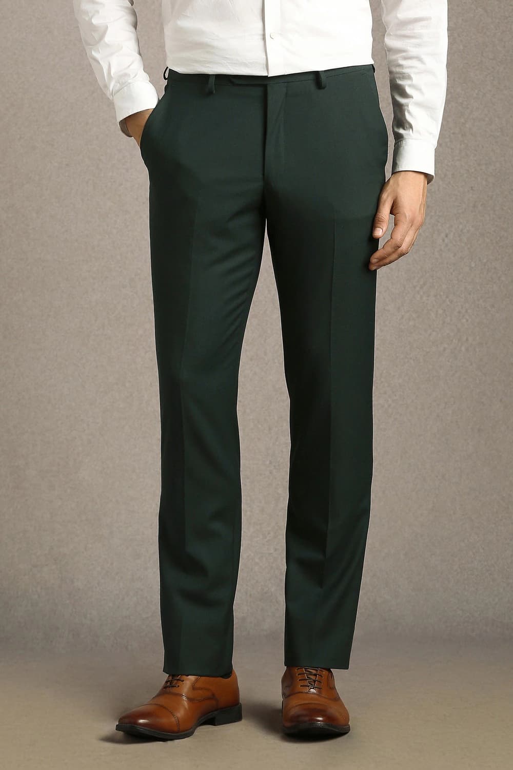 Men Green Slim Fit Textured Flat Front Formal Trousers | Louisphilippe Men Green Slim Fit Textured Flat Front Formal Trousers | Louisphilippe