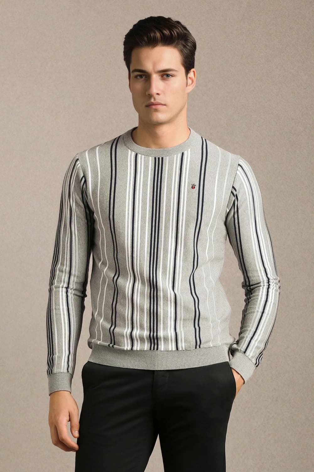 Men Grey Stripe Crew Neck Full Sleeves Sweater | Louisphilippe Men Grey Stripe Crew Neck Full Sleeves Sweater | Louisphilippe