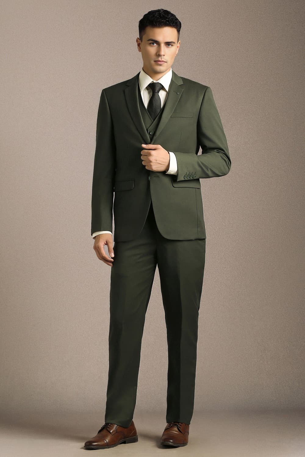 Men Olive Solid Formal Three Piece Suit | Louisphilippe Men Olive Solid Formal Three Piece Suit | Louisphilippe