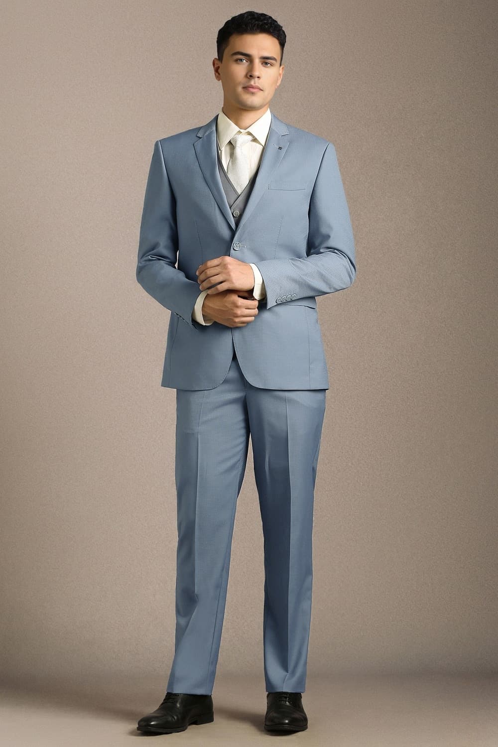 Men Light Blue Textured Formal Three Piece Suit | Louisphilippe Men Light Blue Textured Formal Three Piece Suit | Louisphilippe