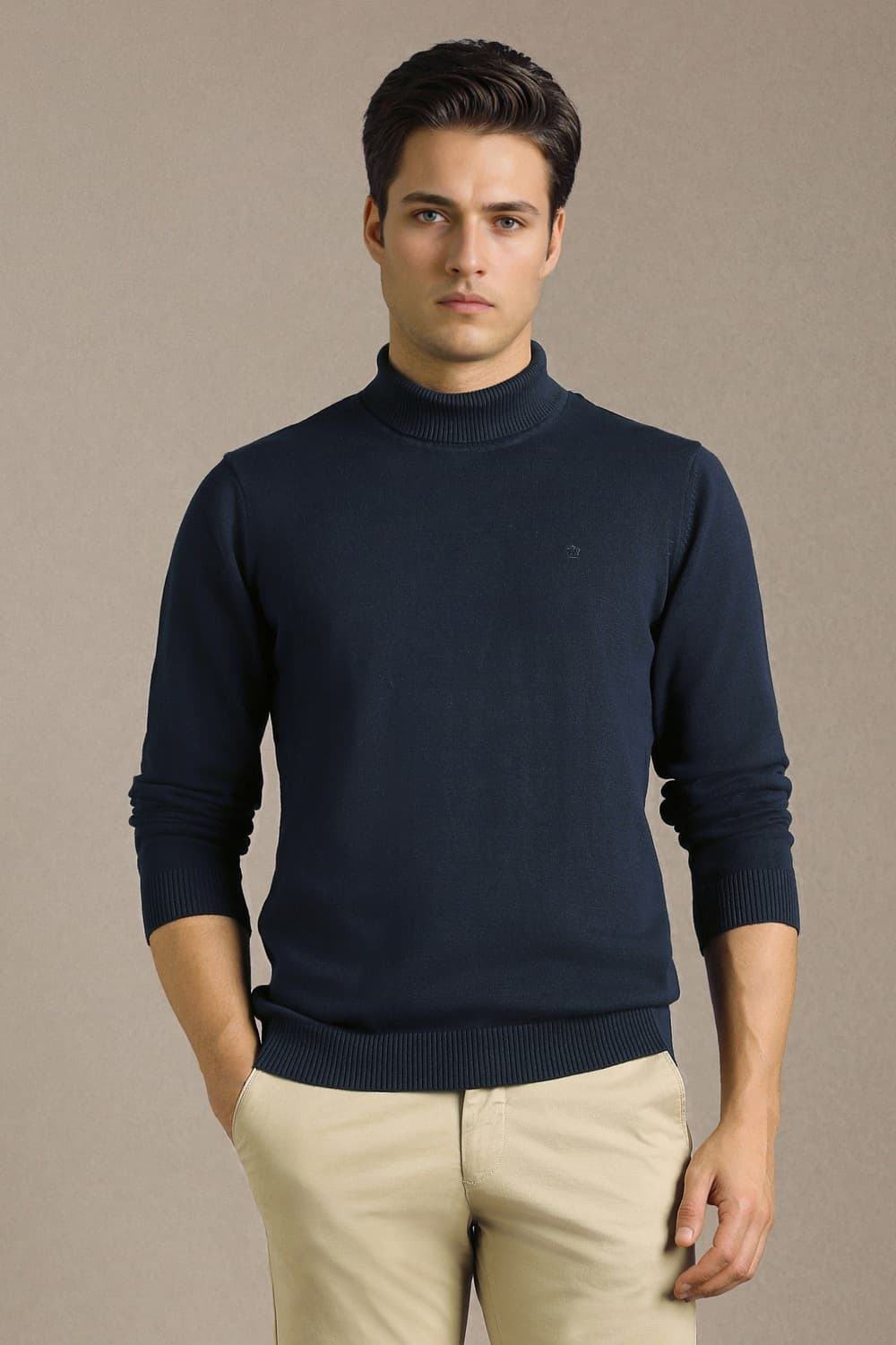 Men Navy Solid Turtle Neck Full Sleeves Sweater | Louisphilippe Men Navy Solid Turtle Neck Full Sleeves Sweater | Louisphilippe