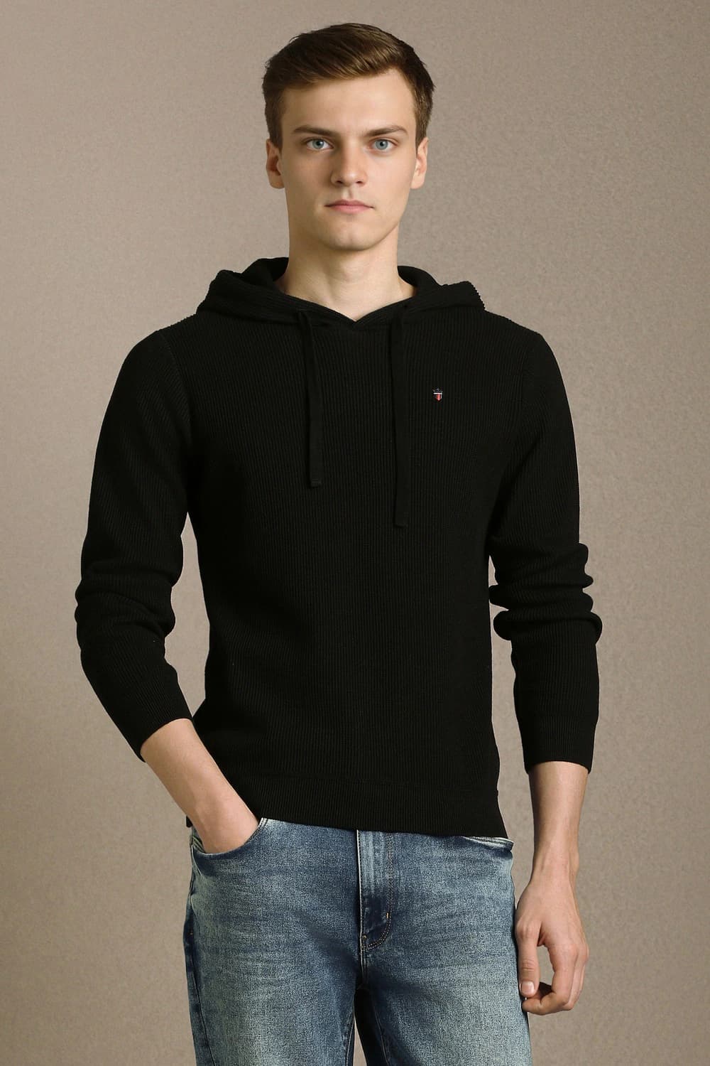 Men Black Textured Hooded Neck Full Sleeves Sweater | Louisphilippe Men Black Textured Hooded Neck Full Sleeves Sweater | Louisphilippe