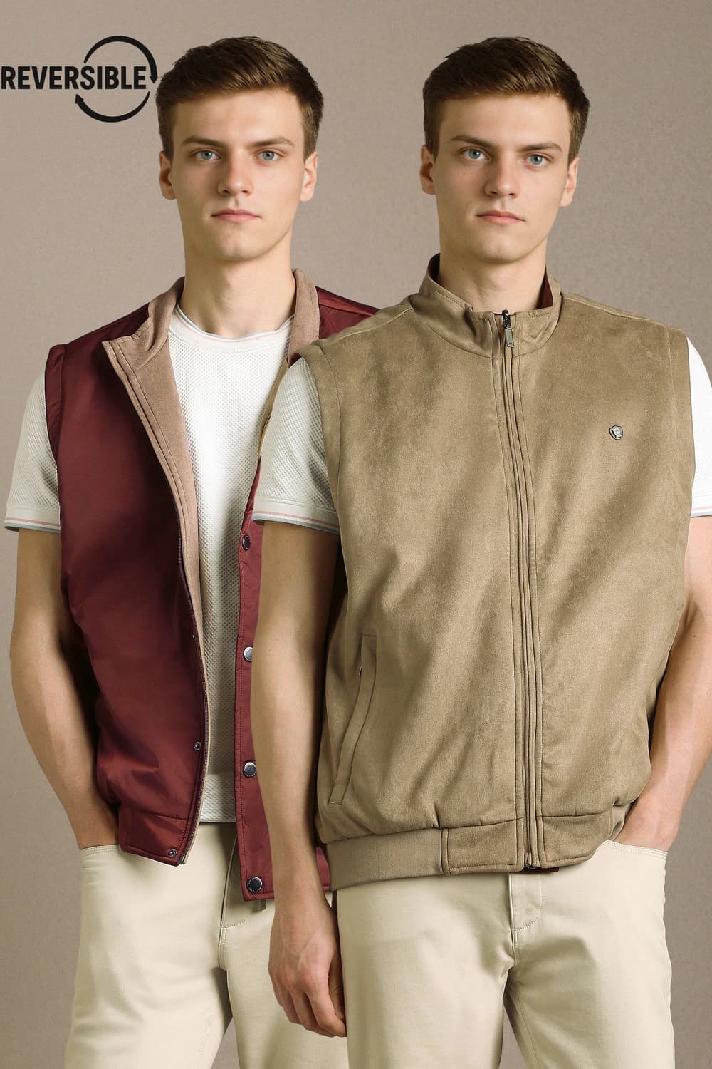 Men Casual Beige Solid Reversible Jacket | Louisphilippe Men Casual Beige Solid Reversible Jacket | Louisphilippe