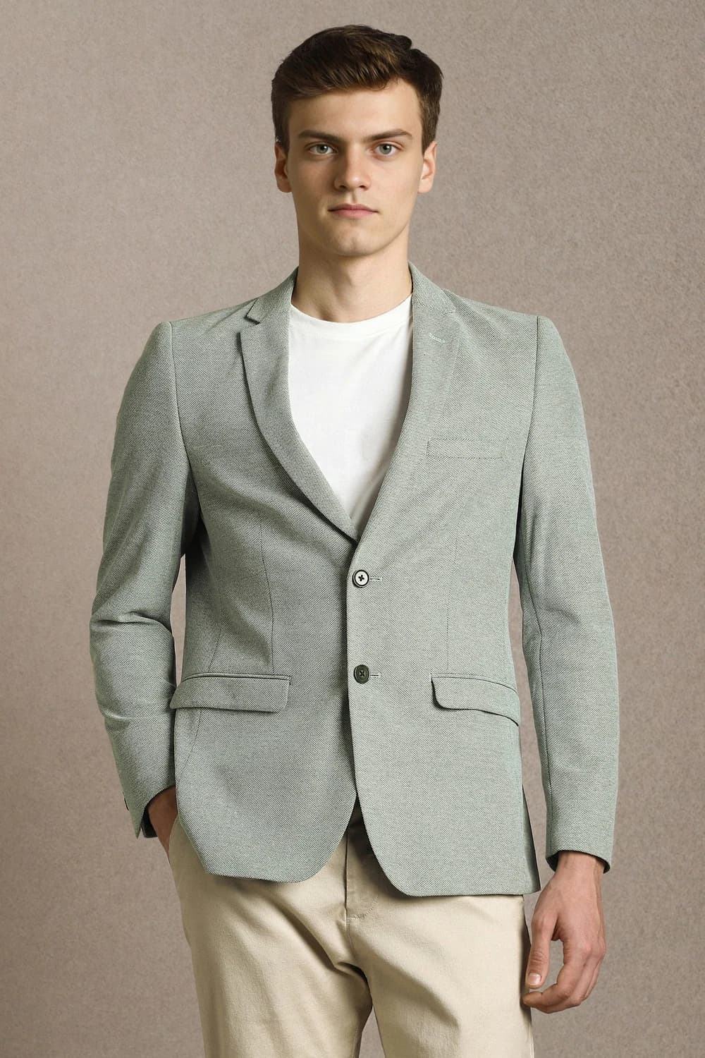 Men Grey Super Slim Fit Textured Casual Blazer | Louisphilippe Men Grey Super Slim Fit Textured Casual Blazer | Louisphilippe
