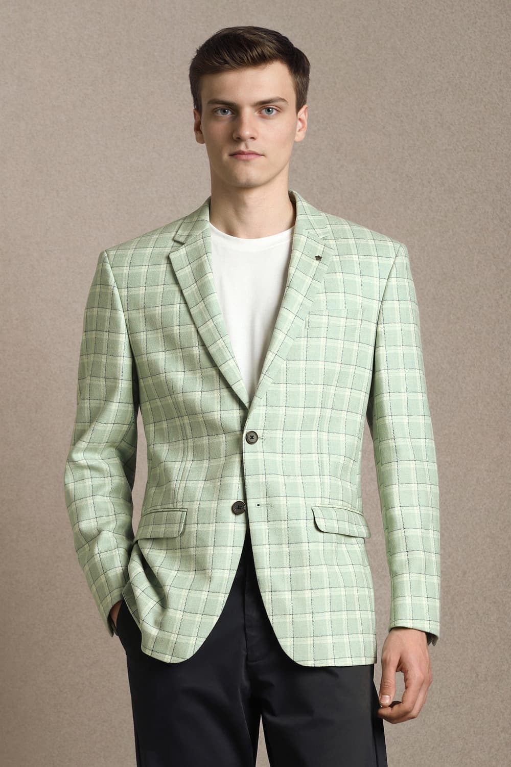 Men Green Regular Fit Check Casual Blazer | Louisphilippe Men Green Regular Fit Check Casual Blazer | Louisphilippe