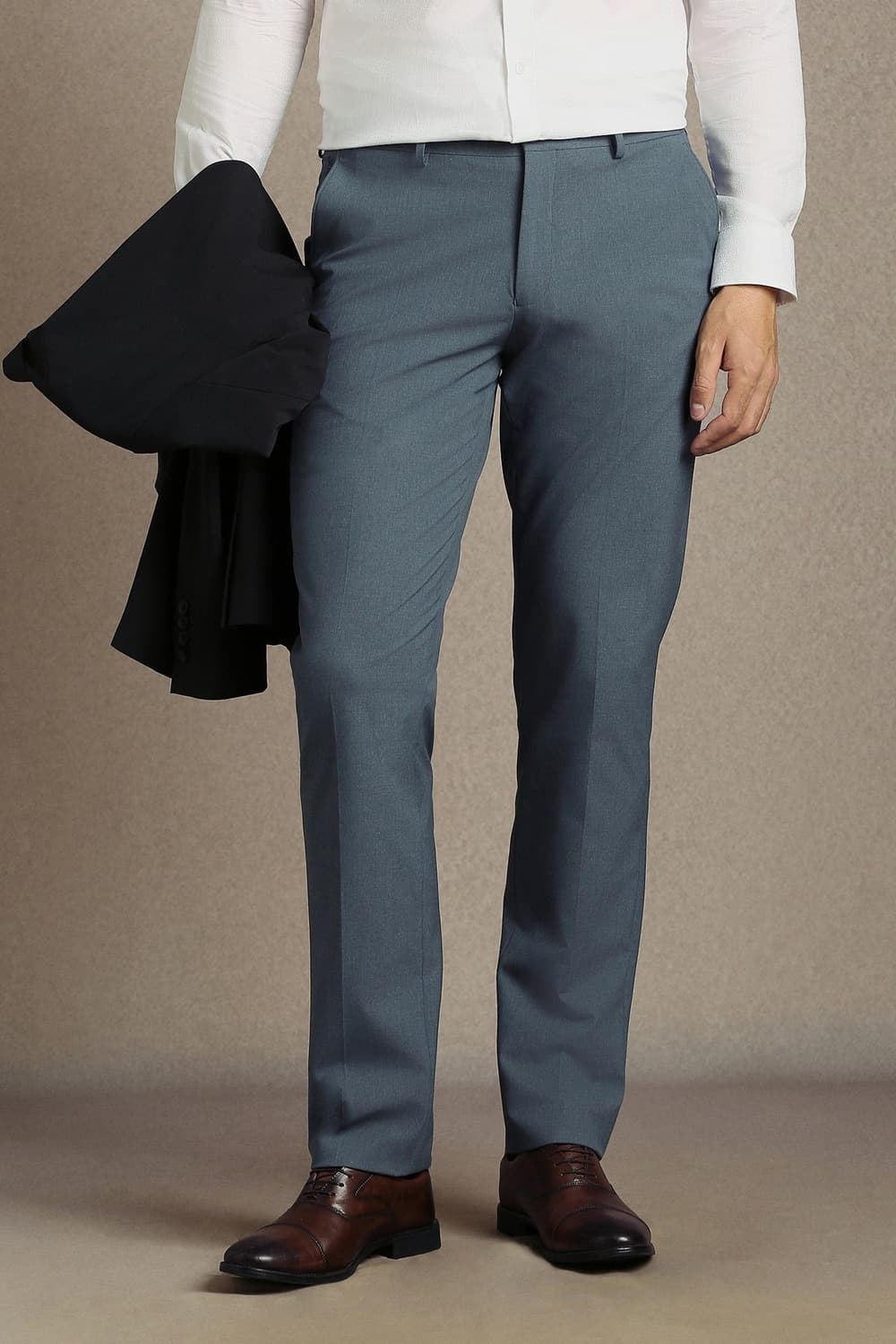 Men Blue Regular Fit Solid Flat Front Formal Trousers | Louisphilippe Men Blue Regular Fit Solid Flat Front Formal Trousers | Louisphilippe