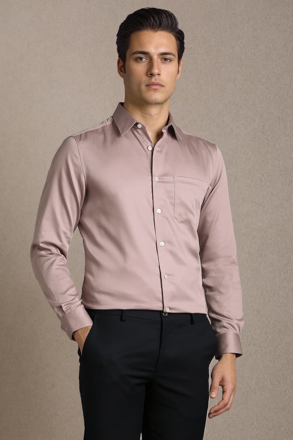 Men Pink Classic Fit Solid Full Sleeves Formal Shirt | Louisphilippe Men Pink Classic Fit Solid Full Sleeves Formal Shirt | Louisphilippe