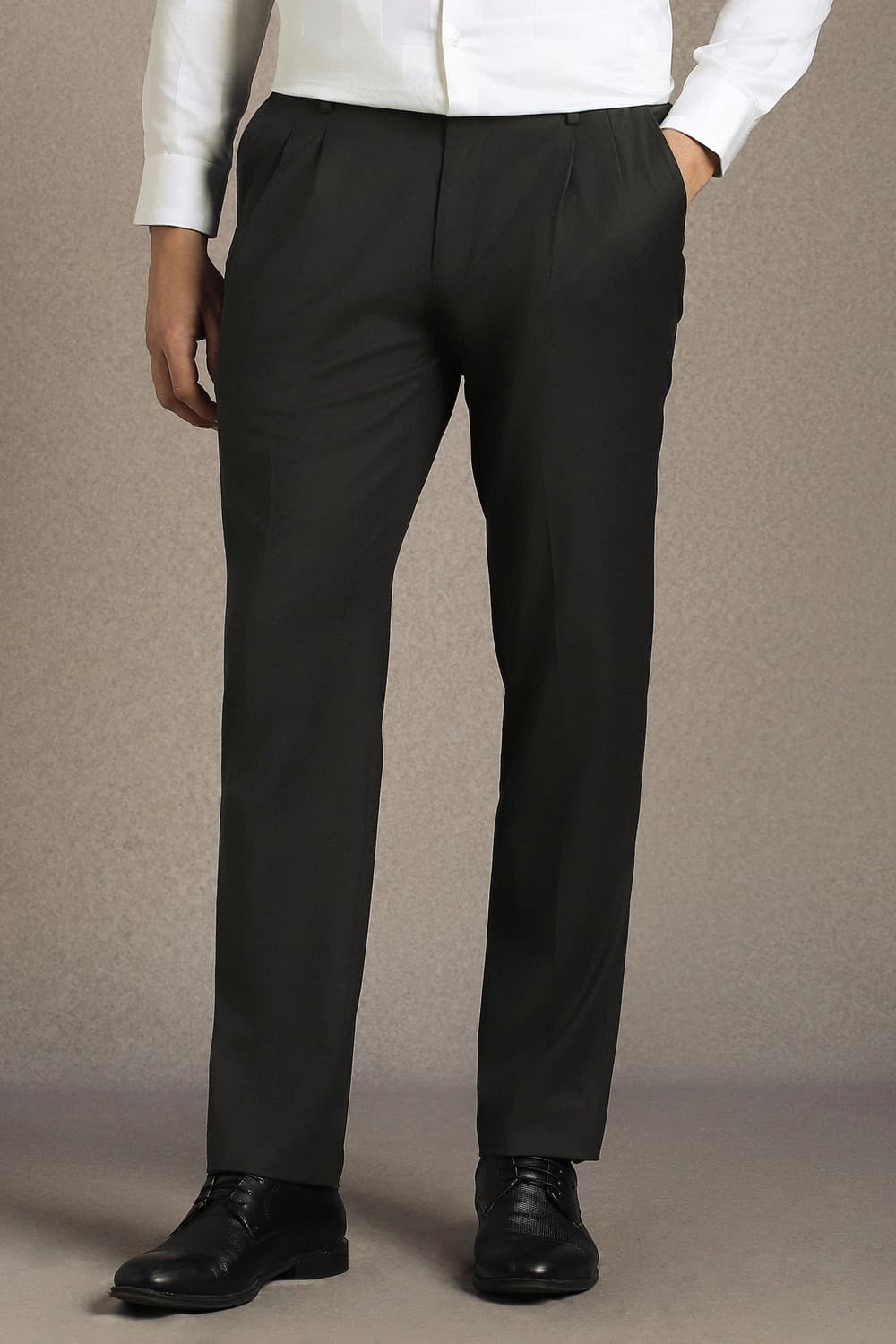 Men Black Regular Fit Solid Pleated Formal Trousers | Louisphilippe Men Black Regular Fit Solid Pleated Formal Trousers | Louisphilippe