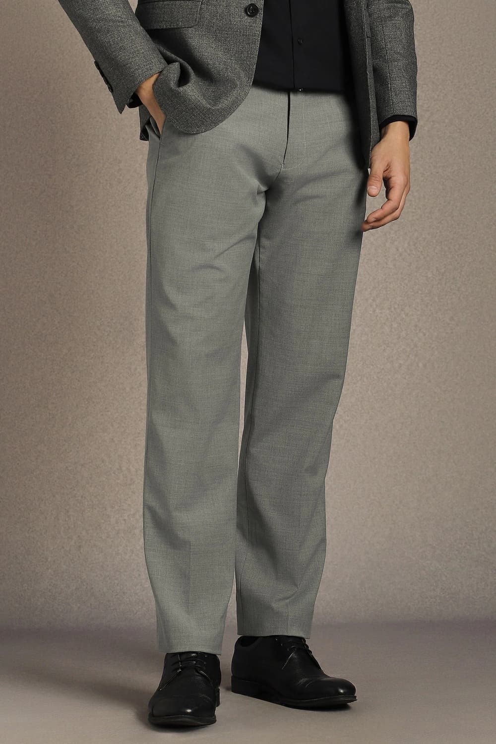 Men Grey Regular Fit Solid Flat Front Formal Trousers | Louisphilippe Men Grey Regular Fit Solid Flat Front Formal Trousers | Louisphilippe