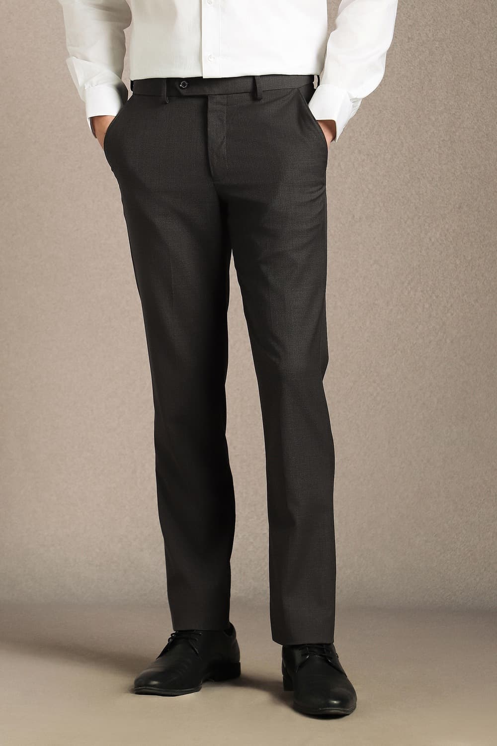 Men Grey Slim Fit Textured Flat Front Formal Trousers | Louisphilippe Men Grey Slim Fit Textured Flat Front Formal Trousers | Louisphilippe