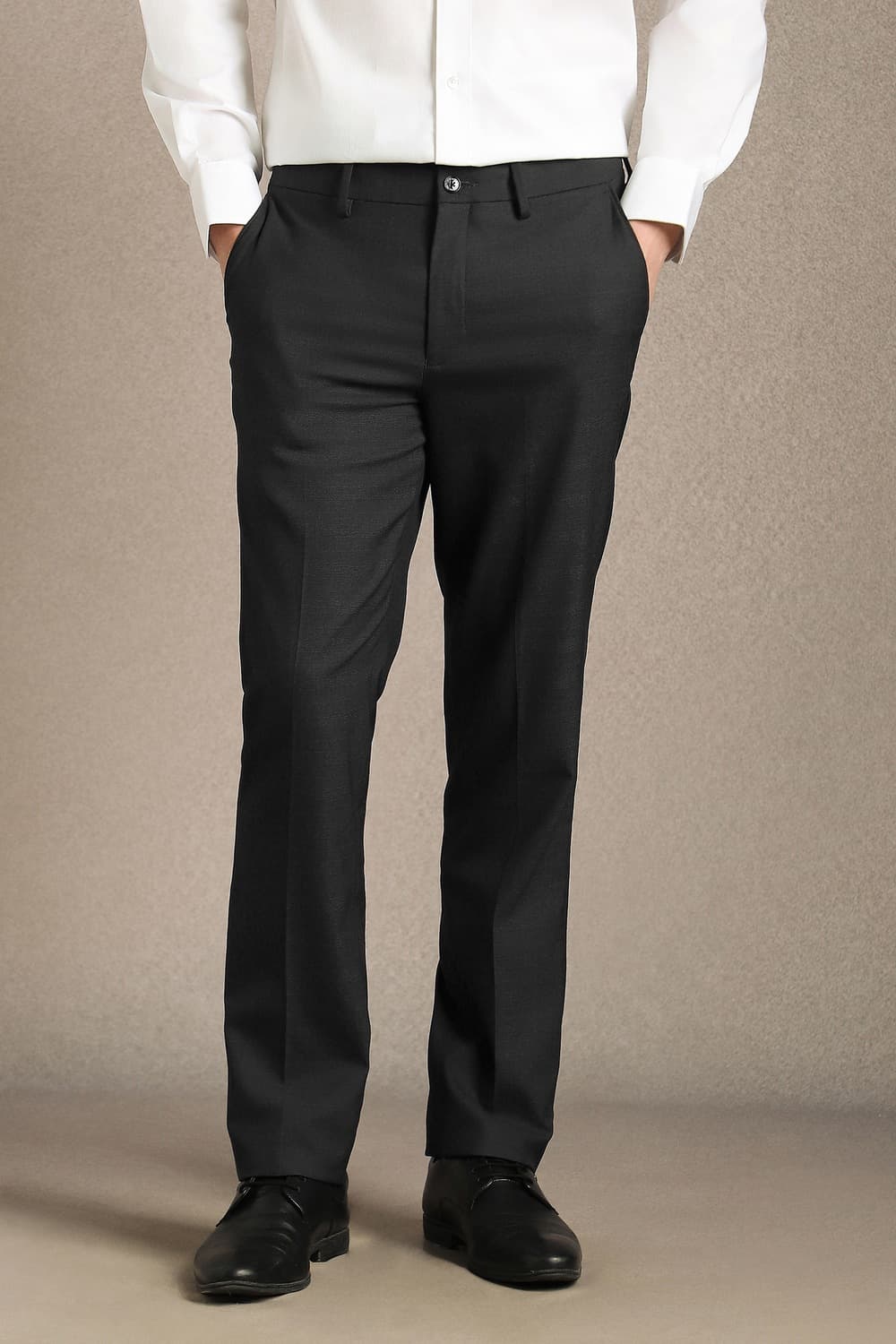 Men Black Slim Fit Textured Flat Front Formal Trousers | Louisphilippe Men Black Slim Fit Textured Flat Front Formal Trousers | Louisphilippe