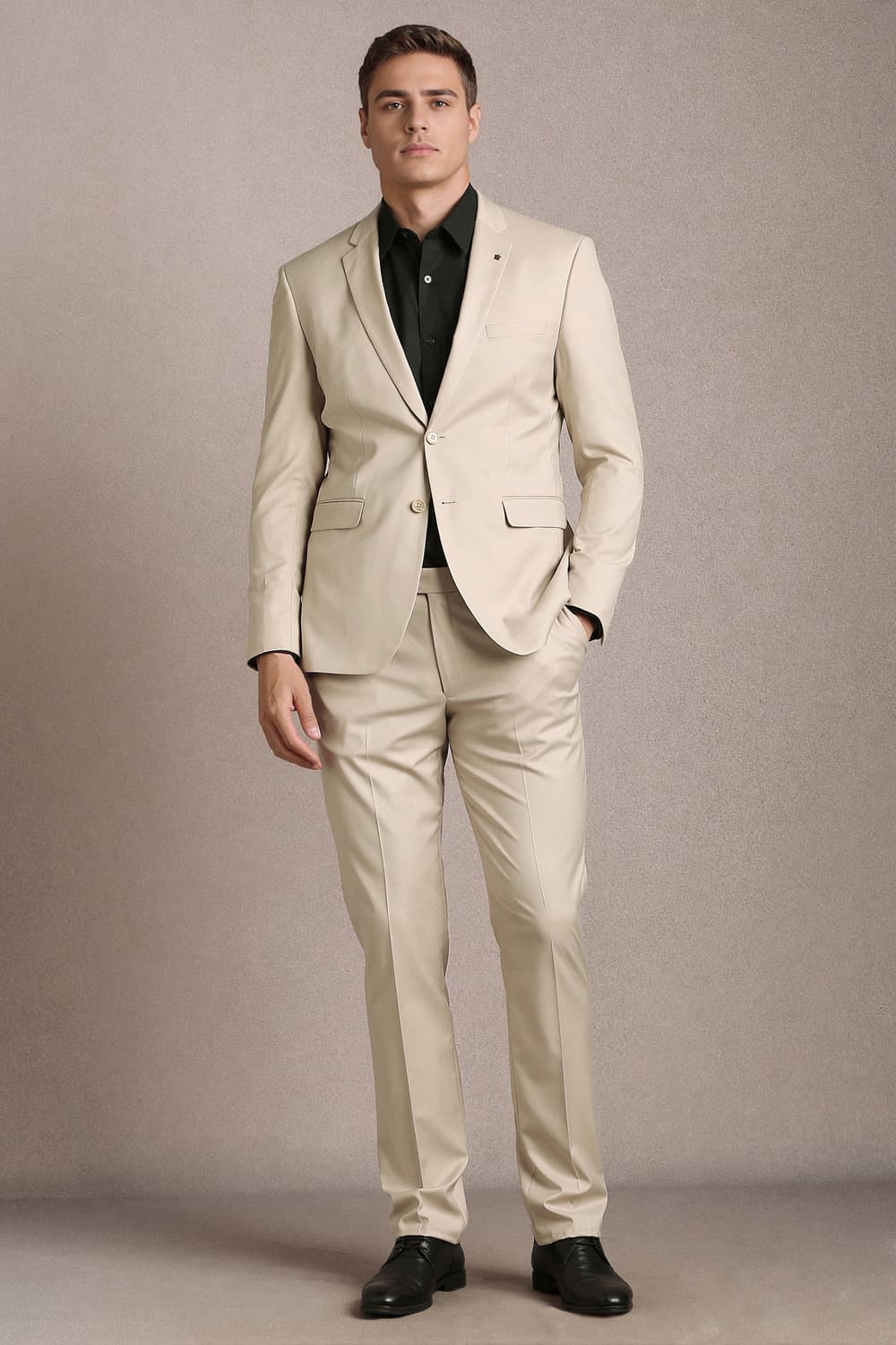 Men Beige Solid Formal Two Piece Suit | Louisphilippe Men Beige Solid Formal Two Piece Suit | Louisphilippe