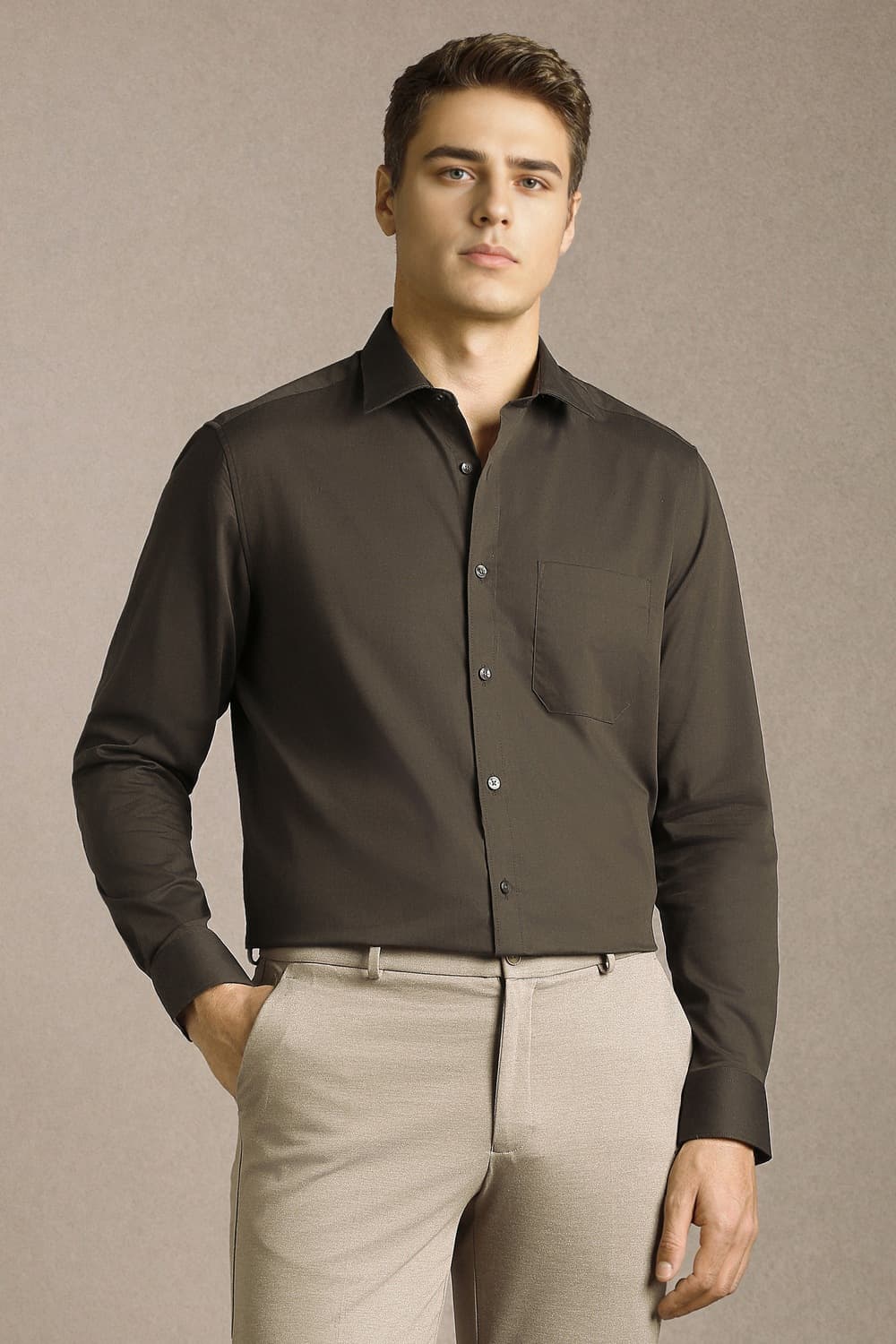 Men Brown Classic Fit Solid Full Sleeves Formal Shirt | Louisphilippe Men Brown Classic Fit Solid Full Sleeves Formal Shirt | Louisphilippe