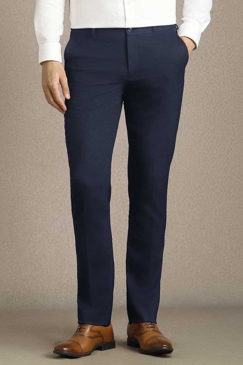 Men Blue Slim Fit Textured Flat Front Formal Trousers | Louisphilippe Men Blue Slim Fit Textured Flat Front Formal Trousers | Louisphilippe