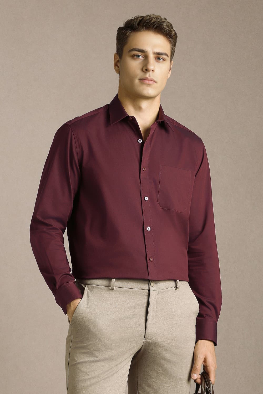 Men Maroon Classic Fit Solid Full Sleeves Formal Shirt | Louisphilippe Men Maroon Classic Fit Solid Full Sleeves Formal Shirt | Louisphilippe