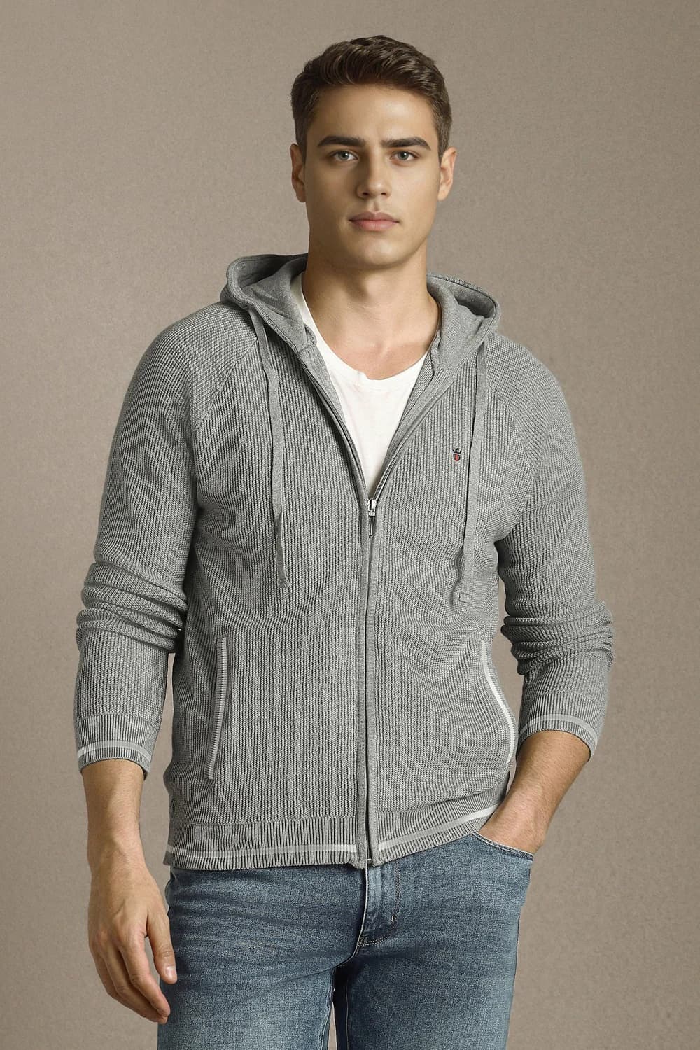Men Grey Textured Hooded Neck Full Sleeves Sweater | Louisphilippe Men Grey Textured Hooded Neck Full Sleeves Sweater | Louisphilippe