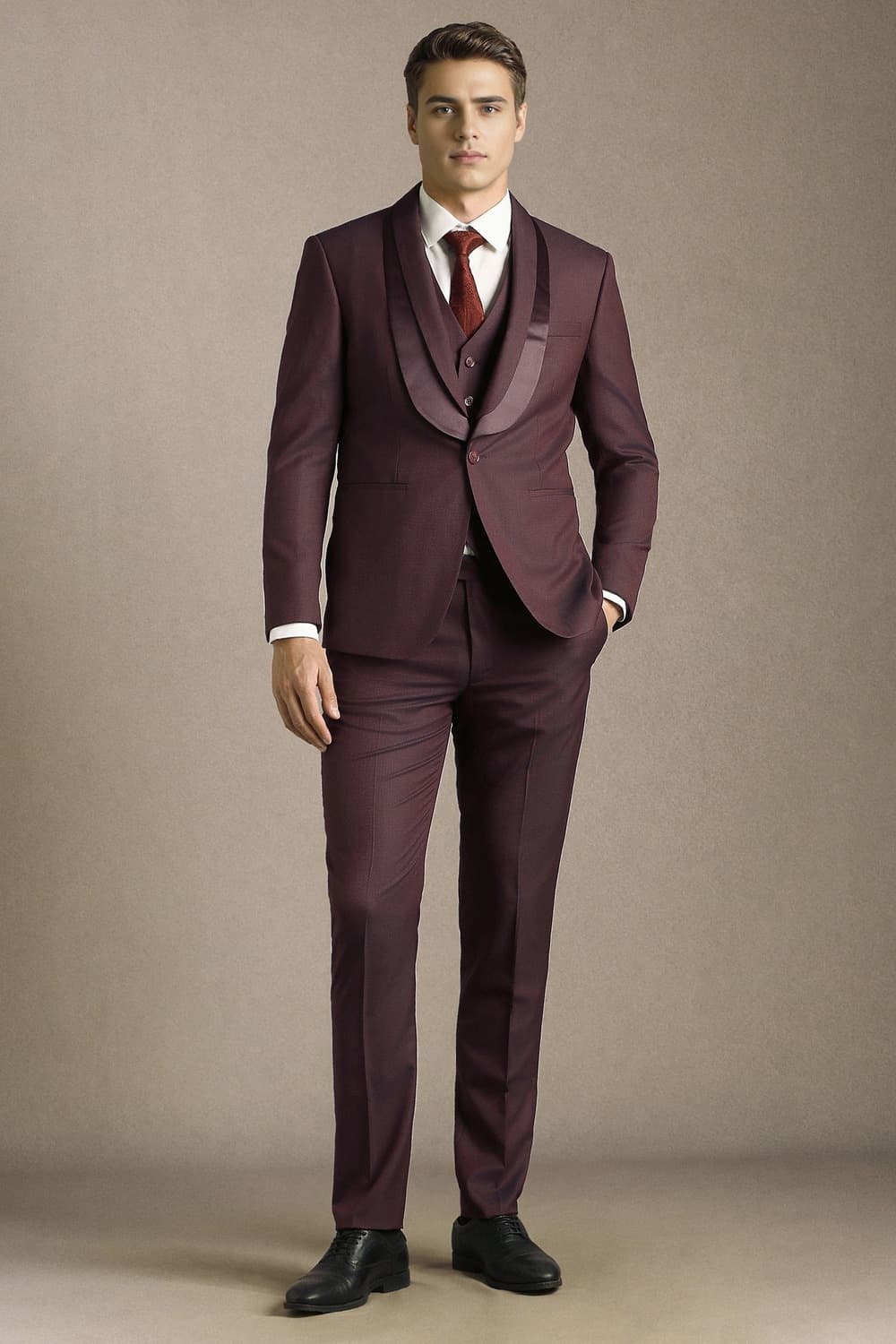 Men Maroon Textured Formal Three Piece Suit | Louisphilippe Men Maroon Textured Formal Three Piece Suit | Louisphilippe