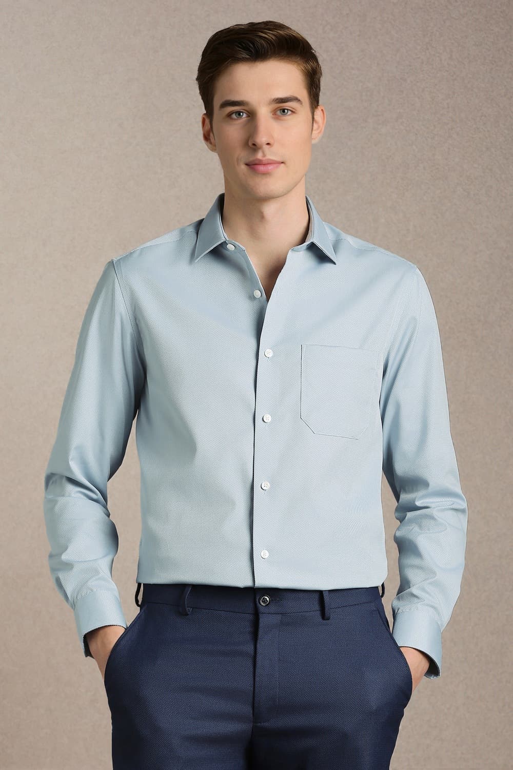 Men Light Blue Classic Fit Textured Full Sleeves Formal Shirt | Louisphilippe Men Light Blue Classic Fit Textured Full Sleeves Formal Shirt | Louisphilippe