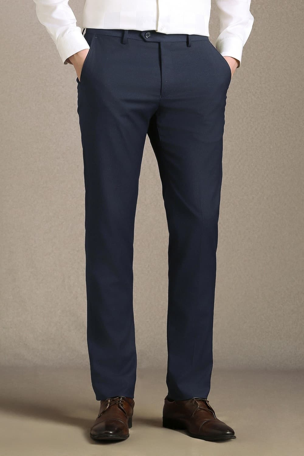 Men Navy Slim Fit Textured Flat Front Formal Trousers | Louisphilippe Men Navy Slim Fit Textured Flat Front Formal Trousers | Louisphilippe