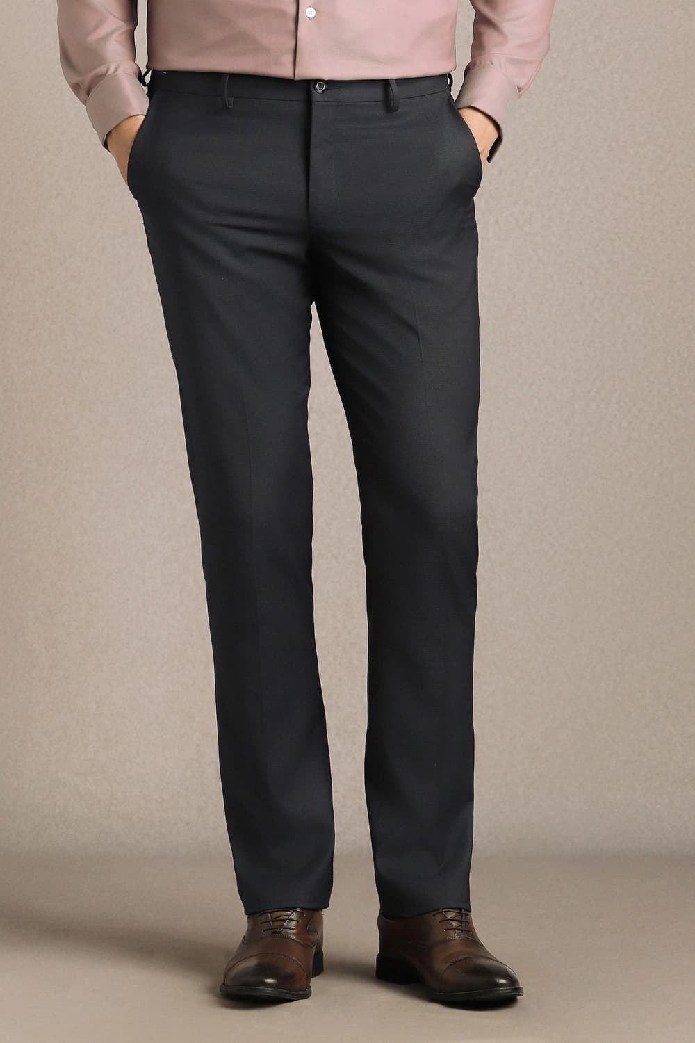 Men Black Slim Fit Textured Flat Front Formal Trousers | Louisphilippe Men Black Slim Fit Textured Flat Front Formal Trousers | Louisphilippe