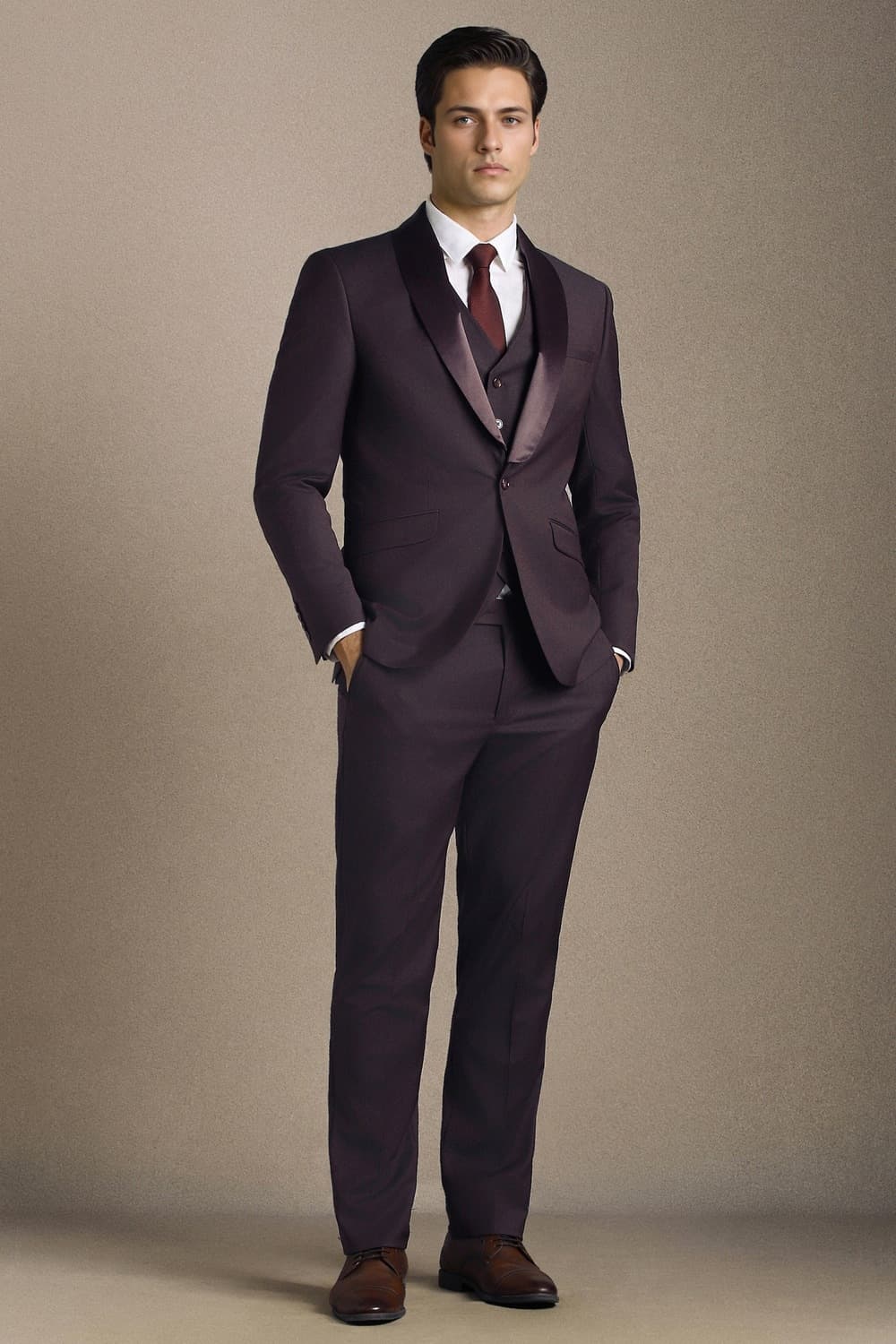 Men Maroon Solid Formal Three Piece Suit | Louisphilippe Men Maroon Solid Formal Three Piece Suit | Louisphilippe