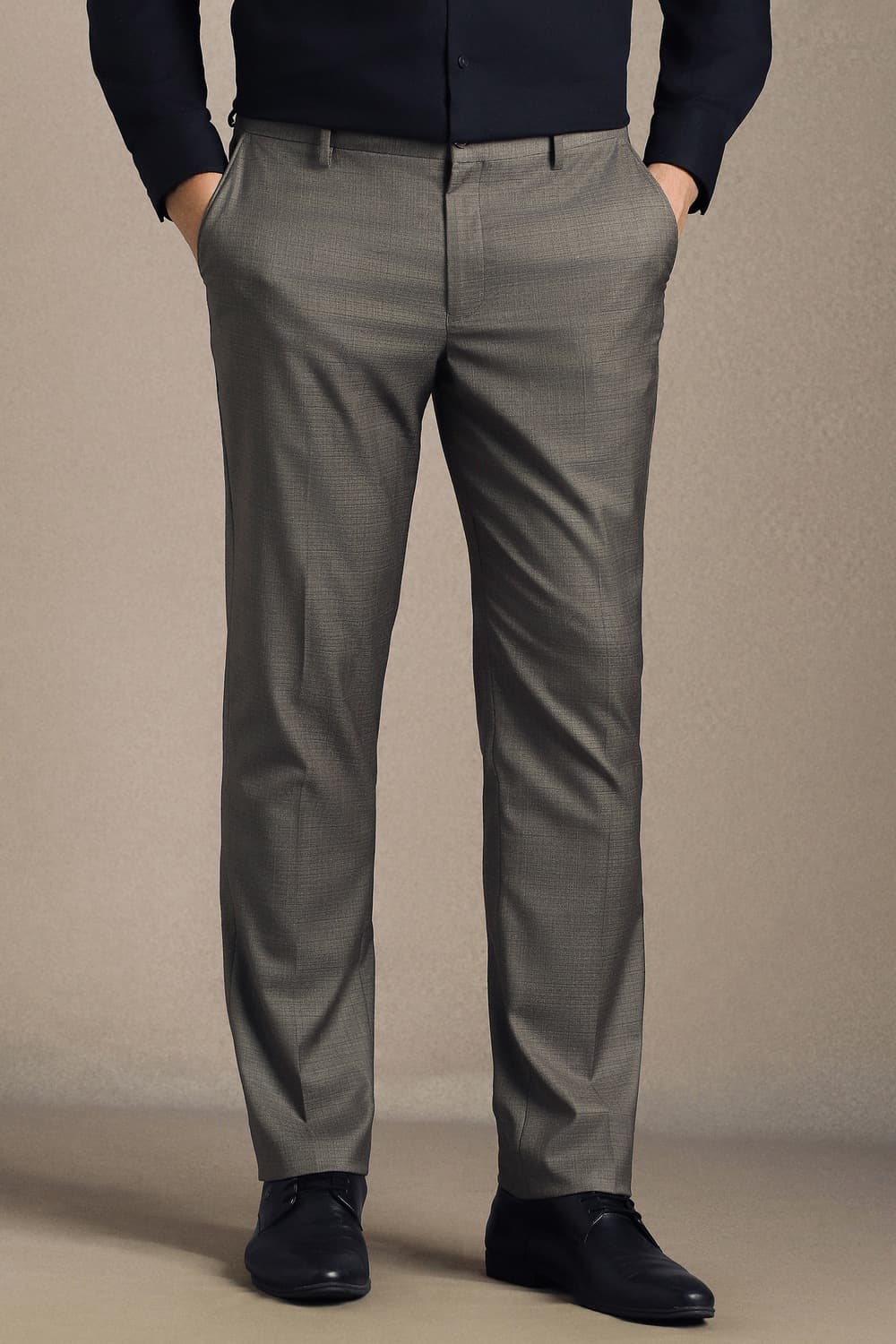 Men Grey Slim Fit Textured Flat Front Formal Trousers | Louisphilippe Men Grey Slim Fit Textured Flat Front Formal Trousers | Louisphilippe