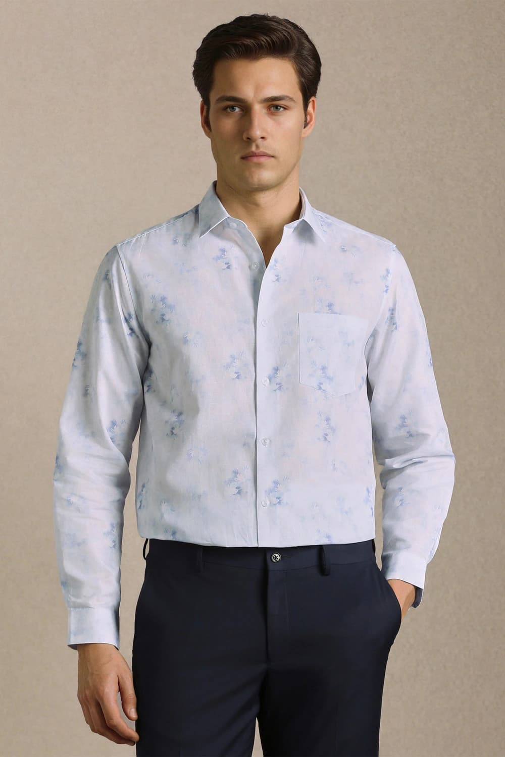 Men Linen Blend White Classic Fit Print Formal Shirt | Louisphilippe Men Linen Blend White Classic Fit Print Formal Shirt | Louisphilippe