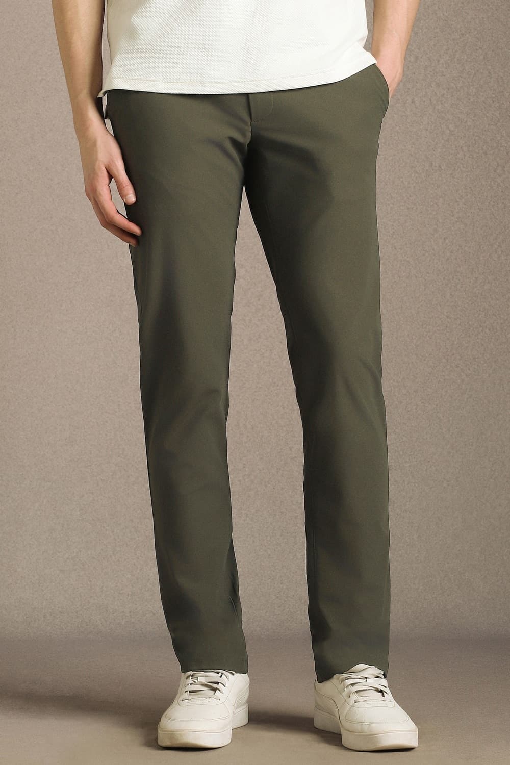 Men Olive Slim Tapered Fit Solid Flat Front Casual Trousers | Louisphilippe Men Olive Slim Tapered Fit Solid Flat Front Casual Trousers | Louisphilippe