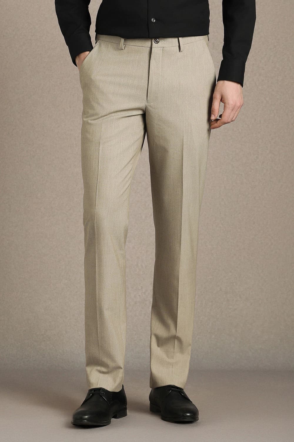Men Beige Slim Fit Solid Flat Front Formal Trousers | Louisphilippe Men Beige Slim Fit Solid Flat Front Formal Trousers | Louisphilippe