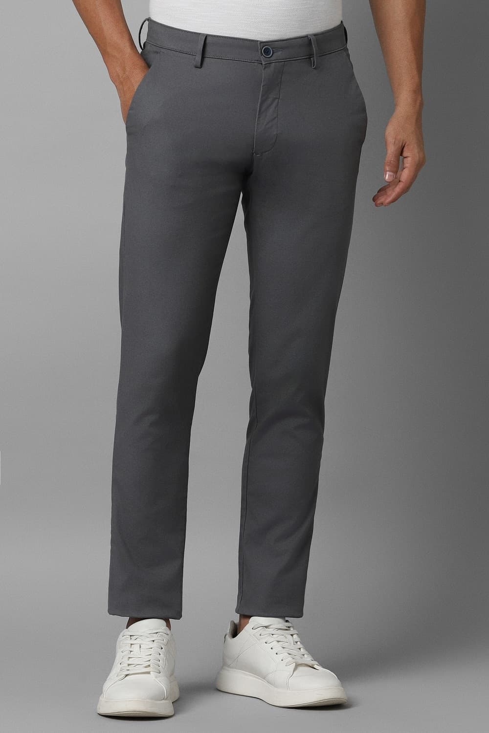 Men Grey Slim Tapered Fit Solid Flat Front Casual Trousers | Louisphilippe Men Grey Slim Tapered Fit Solid Flat Front Casual Trousers | Louisphilippe