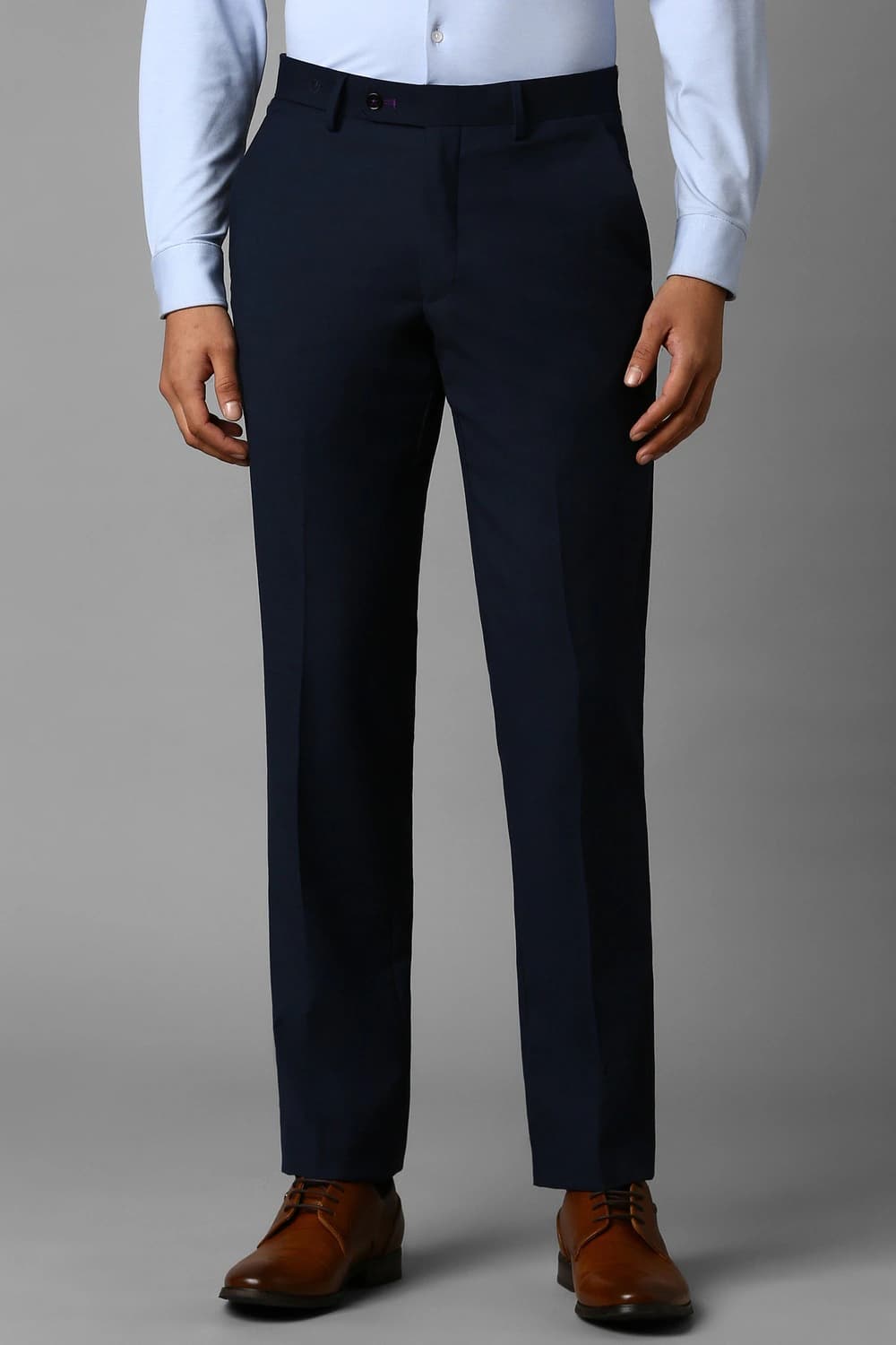 Men Navy Slim Fit Solid Flat Front Formal Trousers | Louisphilippe Men Navy Slim Fit Solid Flat Front Formal Trousers | Louisphilippe
