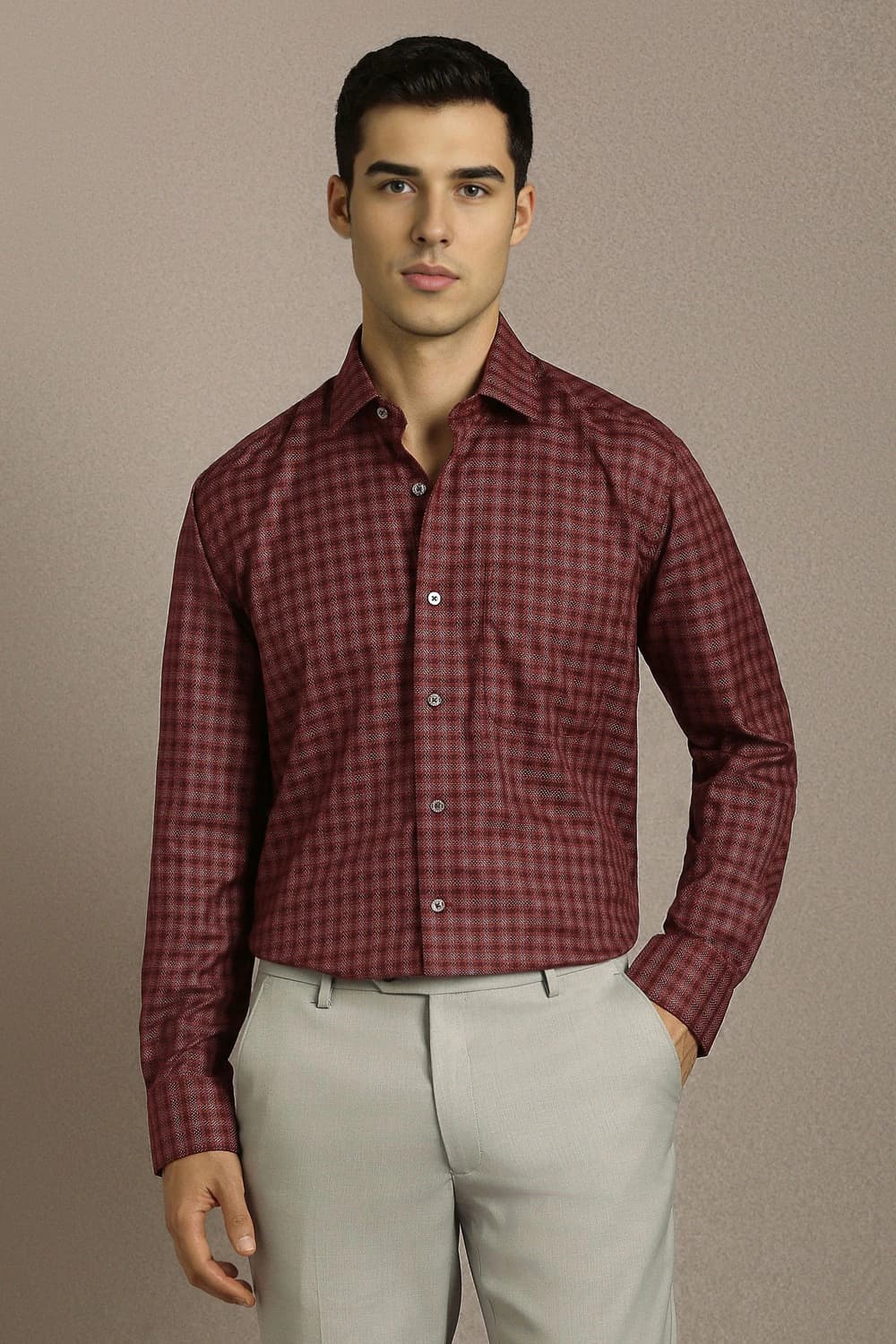 Men Maroon Classic Fit Check Full Sleeves Formal Shirt | Louisphilippe Men Maroon Classic Fit Check Full Sleeves Formal Shirt | Louisphilippe