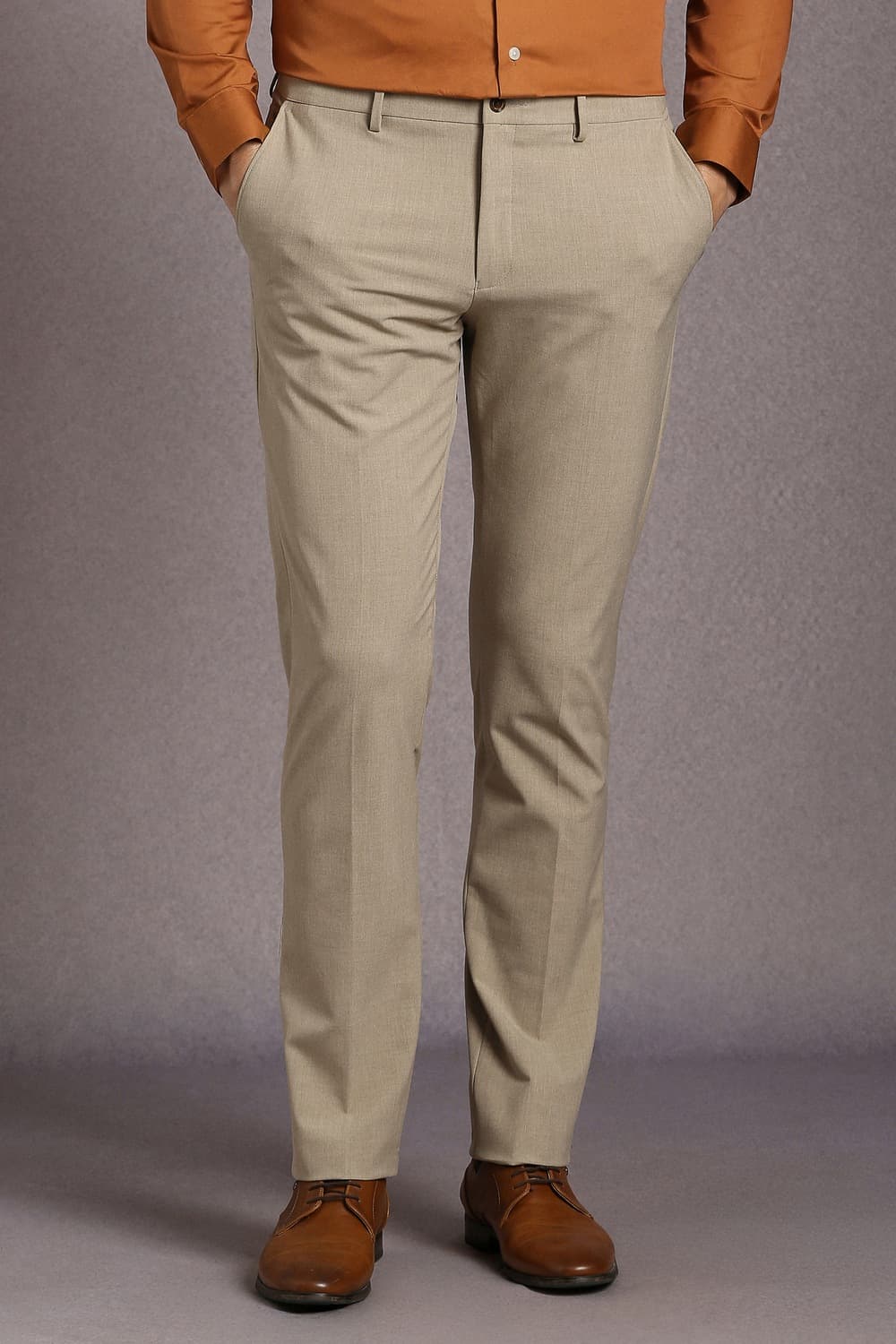 Men Beige Slim Fit Solid Flat Front Formal Trousers | Louisphilippe Men Beige Slim Fit Solid Flat Front Formal Trousers | Louisphilippe