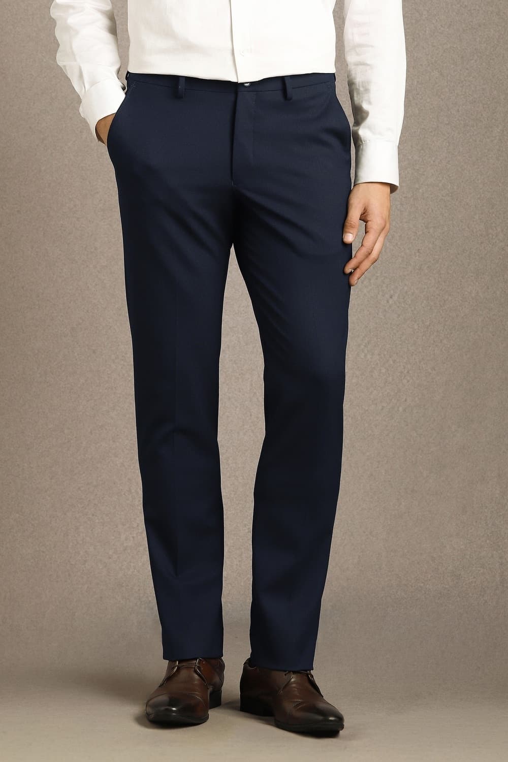 Men Navy Slim Fit Textured Flat Front Formal Trousers | Louisphilippe Men Navy Slim Fit Textured Flat Front Formal Trousers | Louisphilippe