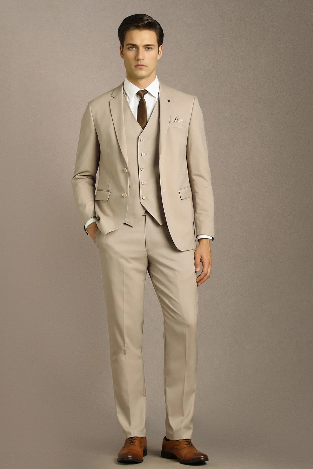 Men Beige Solid Formal Three Piece Suit | Louisphilippe Men Beige Solid Formal Three Piece Suit | Louisphilippe