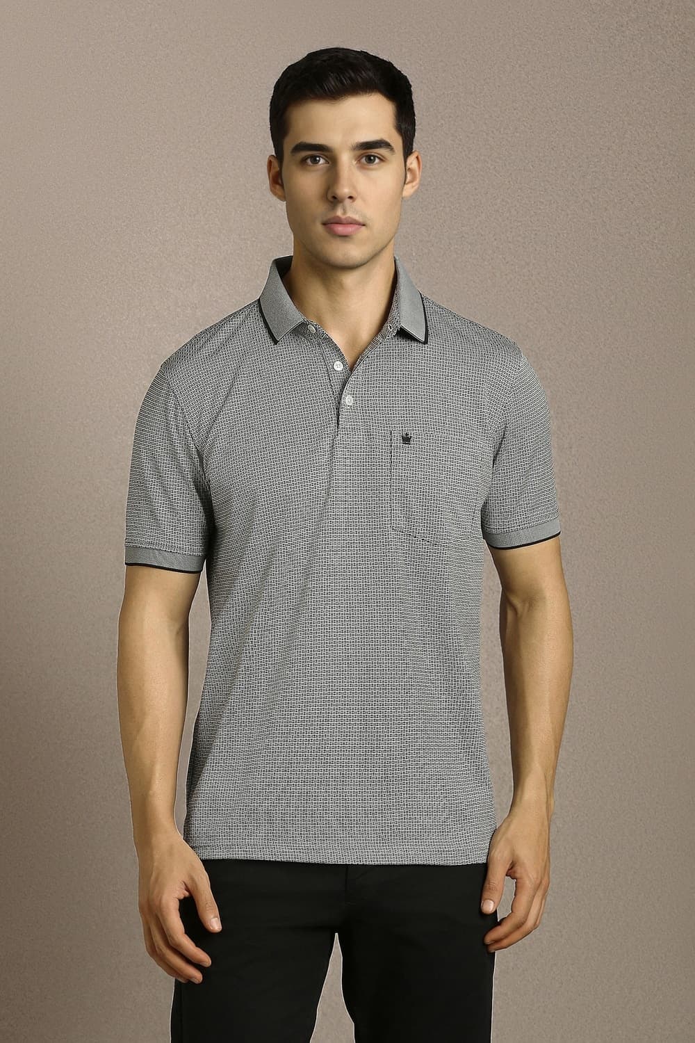 Men Black Print Polo Neck Permapress T Shirt | Louisphilippe Men Black Print Polo Neck Permapress T Shirt | Louisphilippe