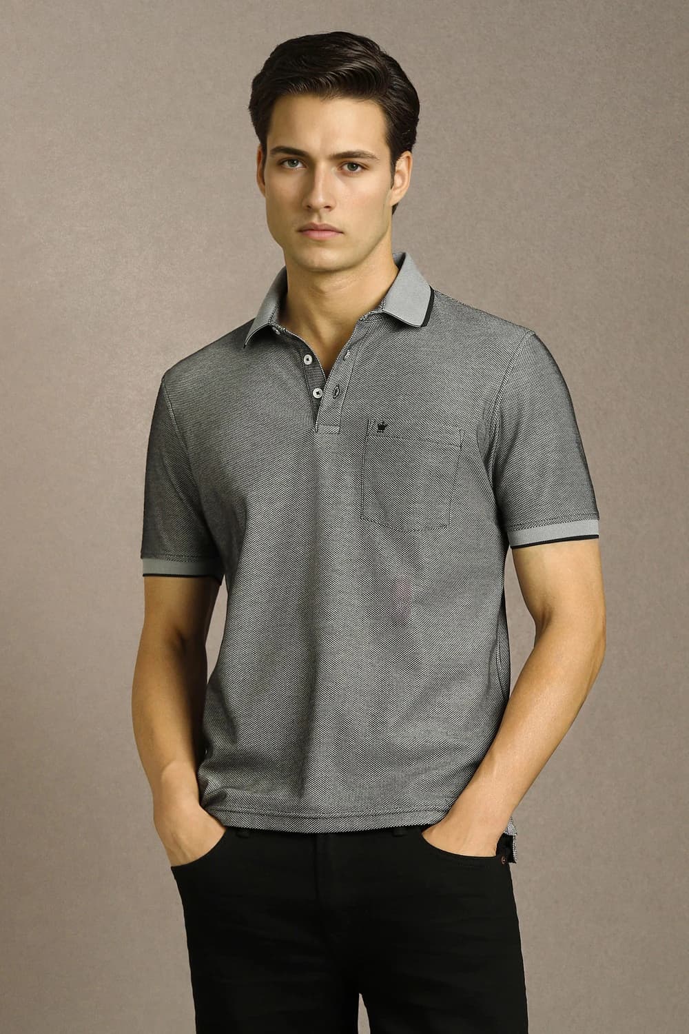 Men Grey Textured Polo Neck Permapress T Shirt | Louisphilippe Men Grey Textured Polo Neck Permapress T Shirt | Louisphilippe