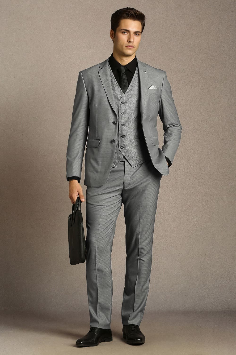 Men Grey Textured Formal Three Piece Suit | Louisphilippe Men Grey Textured Formal Three Piece Suit | Louisphilippe
