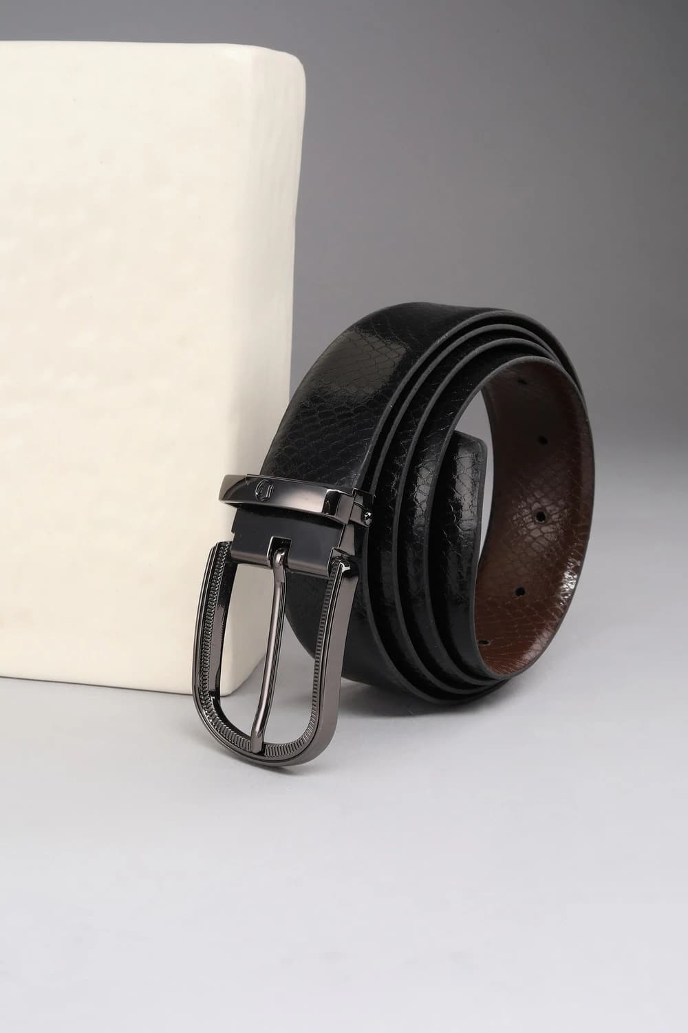 Men Black Textured Leather Formal Belt | Louisphilippe Men Black Textured Leather Formal Belt | Louisphilippe