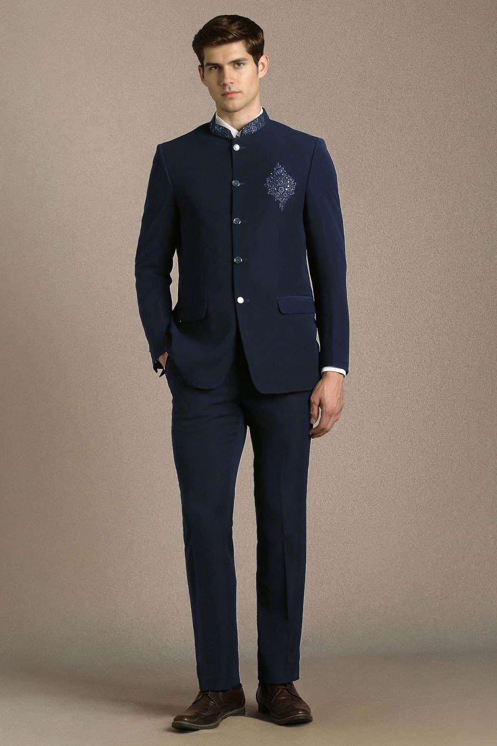 Men Navy Slim Fit Embroidered Formal Two Piece Suit | Louisphilippe Men Navy Slim Fit Embroidered Formal Two Piece Suit | Louisphilippe
